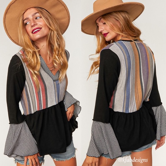 Tops - LAST 1! V Neck So Soft Multi Color Block French Terry Ruffle Sleeves and Hem Top
